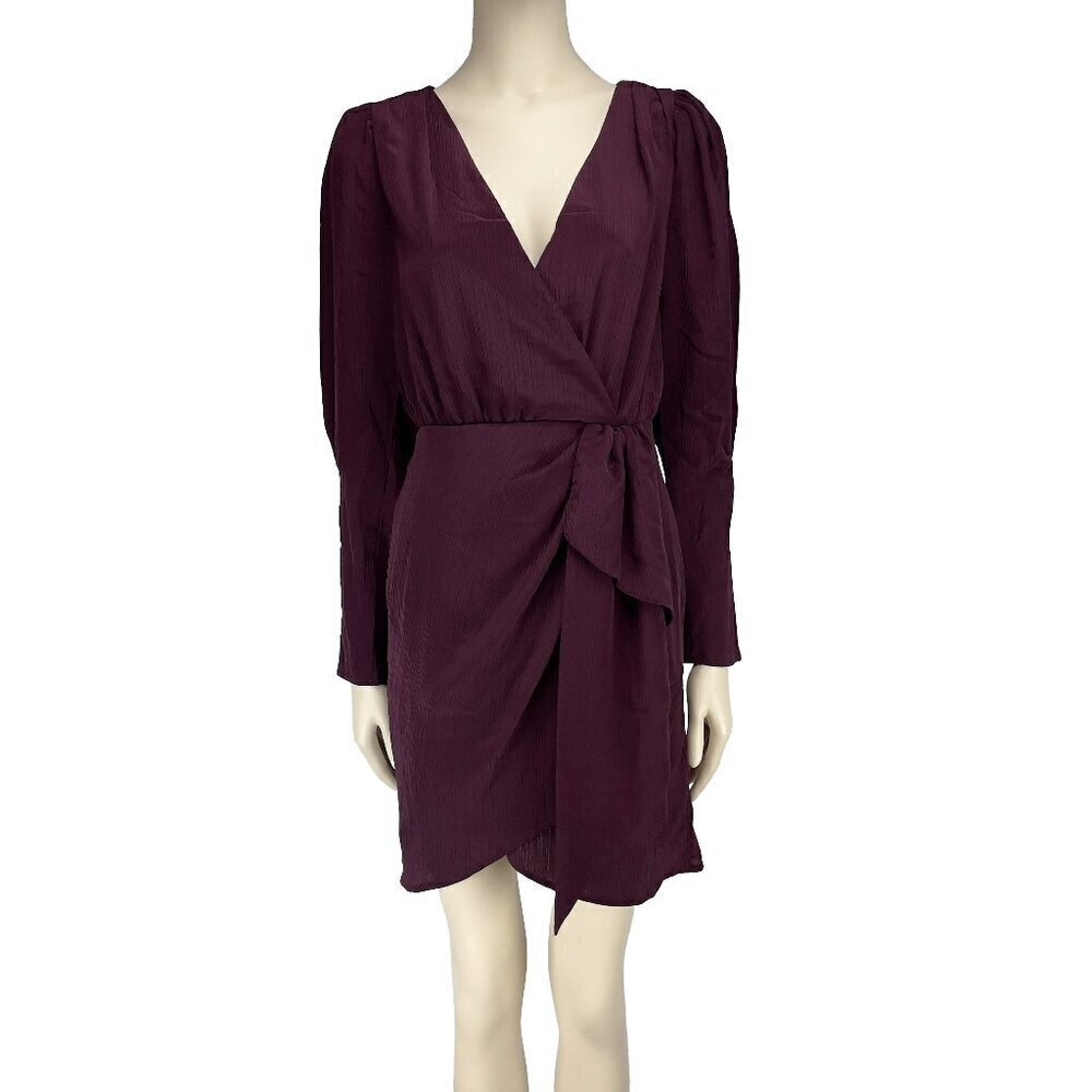 CAMAIEU French Satin Ruched Gatered Waist Long sleeves Eggplant Mini Dress sz 36